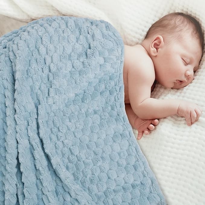 HOMRITAR 4 Pcs Baby Blanket for Unisex 3D Flannel Fleece Fluffy Blanket for Baby Soft Plush Breathable Bed Blanket for All Season Toddler Infant or Newborn 30 x 40 Inch (2 Pcs Blue, 2 Pcs Cream)