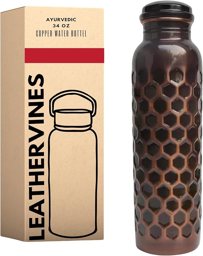 Copper Water Bottle - Antique Finish Ayurvedic Pure Copper Drinking Vessel, Water Lid Bottle Best for Camping, Hiking, Office, Gym, Yoga Travel, Outdoor 34 Oz