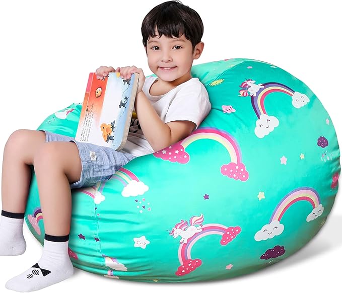 Lukeight Unicorns Stuffed Animal Storage Bean Bag Chair Cover for Kids, Unicorns Zipper Beanbag Chair Cover for Organizing Toddler and Kids' Rooms Plush Toys (Rainbow Green, Large)