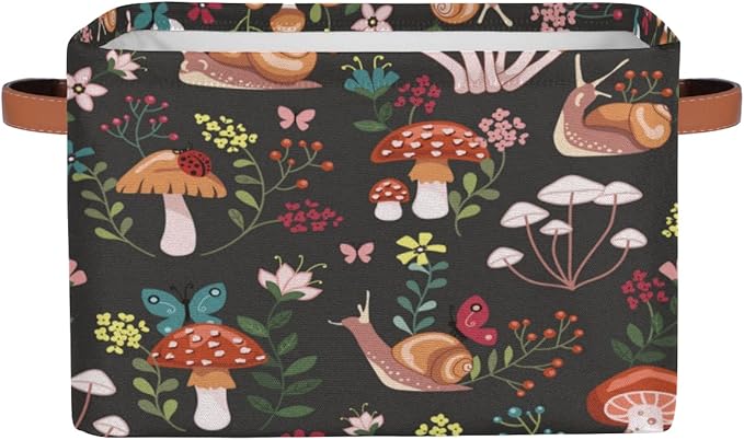 Mushroom with Snails Storage Basket Collapsible Rectangular Storage Bin Large Fabric Storage Boxes Organizer 1Pc with Leather Handles for Clothes Toys Books Kitchen Laundry