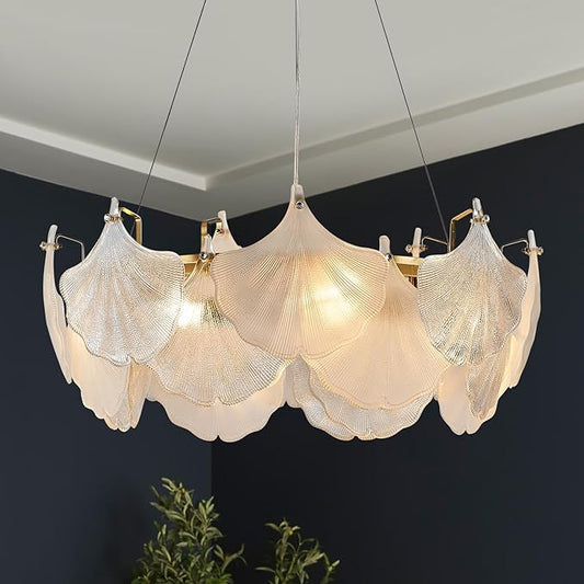 Gold Round Chandelier 8 Light Ginkgo Crystal Chandelier Light Fixture Hammered Glass Vintage Chandelier for Living Room Dining Room Bedroom High Ceiling Foyer,24in