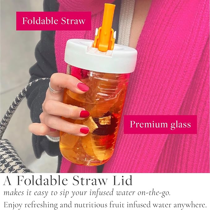 Premium Glass Water Bottle with Infuser & Straw | 16oz, 450ml infusion water bottle fruit infuser Foldable Straw Reusable Water Bottles Glass tumbler with straw