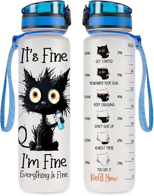Cat Gifts, Black Cat Water Bottle 32 oz with Time Marker, It's Fine I'm Fine Cat Bottle, Cat Gifts for Cat Lovers, Crazy Cat Gifts, Gifts for Halloween