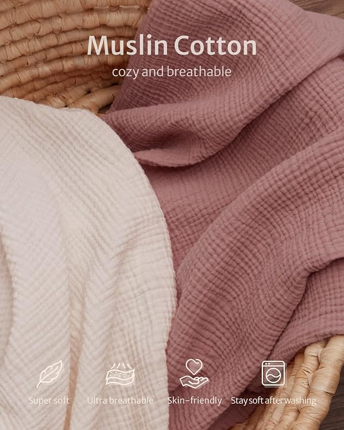 Blissful Diary Muslin Mini Crib Sheets, Pack and Play Mattress Sheets Fitted for Pack N Play, Soft Cotton for Boys Girls, 2 Pack(Dusty Pink&Cream)