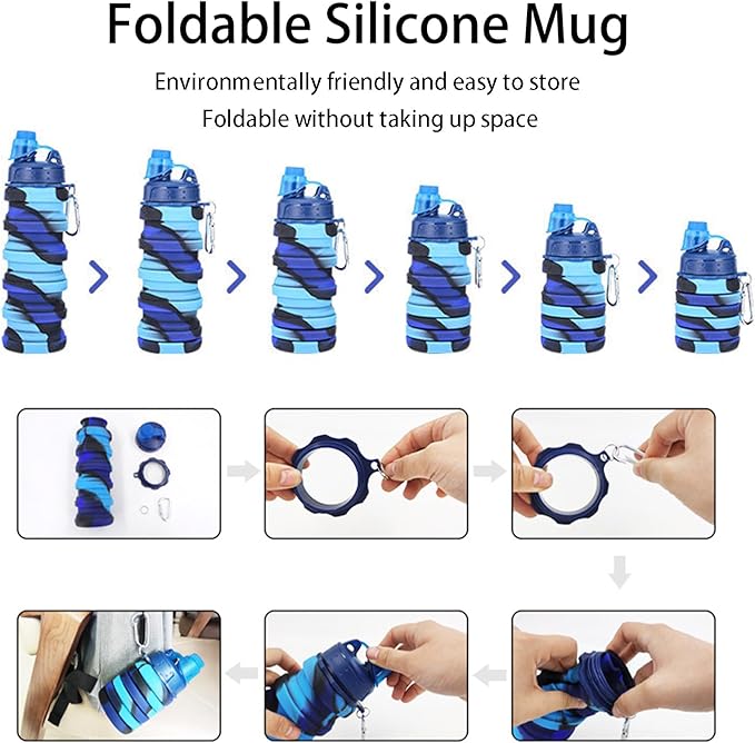 Collapsible Water Bottles Two Pack Travel Sports Portable Sport Water Bottle comes with mountaineering Buckle 500ml silicone Water-proof camping water bottle (Pink and purple Color)