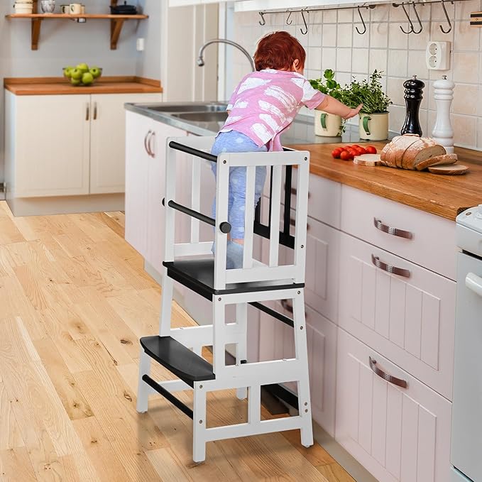 COSYLAND Kids Kitchen Step Stool, Toddler Standing Tower with CPC & FSC Certification, Removable Anti-Drop Railing Safety Rail Enjoys Unique Patented Design A Anti-tip Stable Structure Black & White