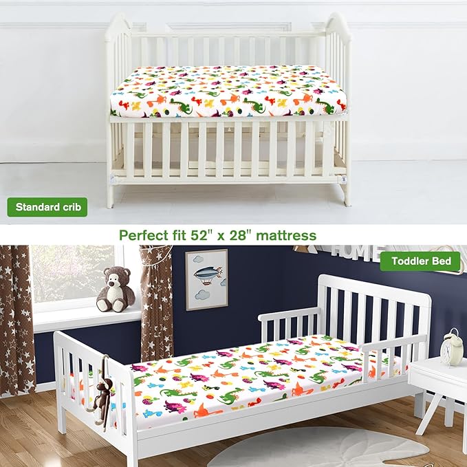 JISEN Baby Crib Sheets Soft Breathable Dinosaurs Fitted Crib Sheets Baby Sheet for Standard Crib and Toddler Mattress Baby Bed Sheets for Crib for Baby Boys Girls Neutral 52x28 Inch
