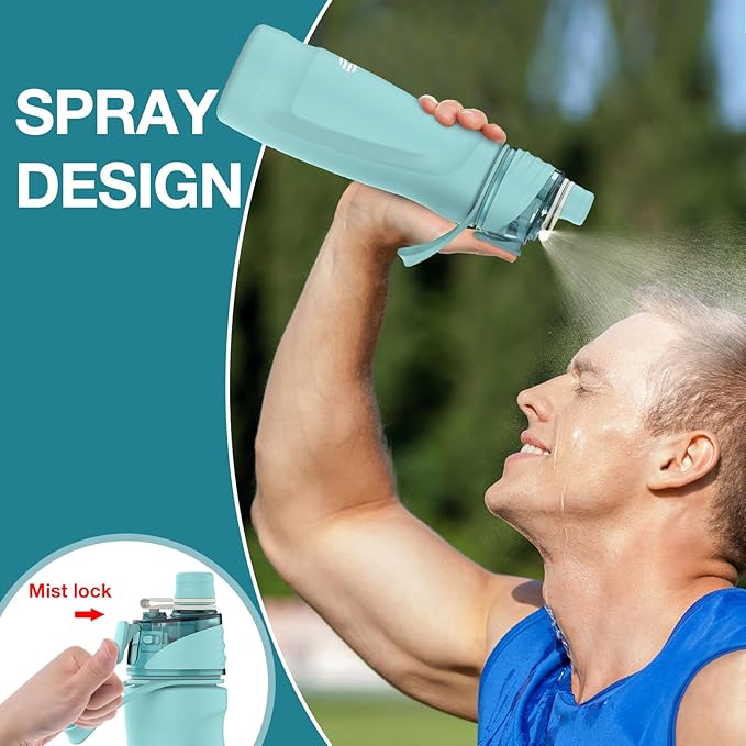 Misting Water Bottle, 24oz Insulated Water Bottle, 2-in-1 Mist & Sip Stainless Steel Water Bottles, Thermo for Hot Drinks/Cold Drinks, Sports Water Bottle for Hiking, Running, Gym, Teal Blue