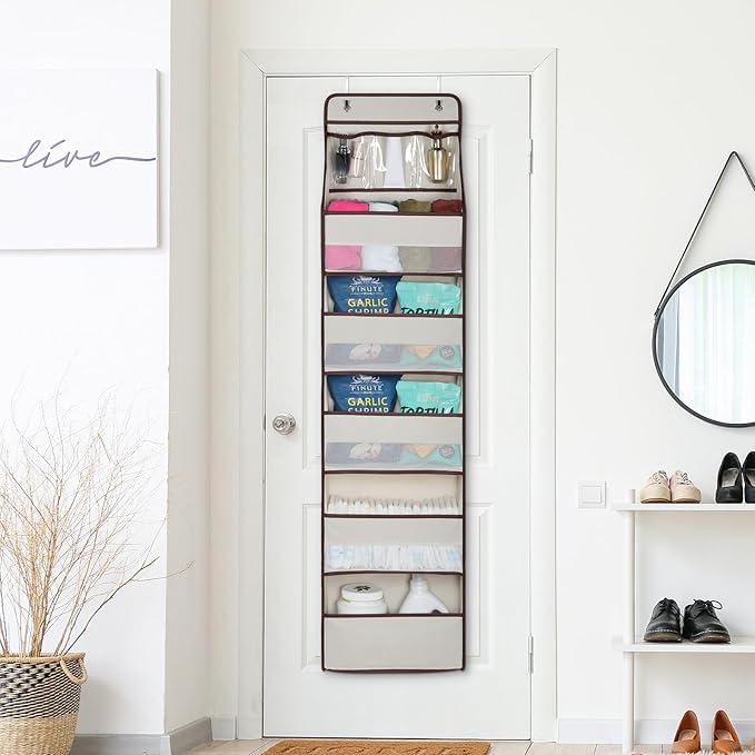 Univivi Door Hanging Organizer Nursery Closet Cabinet Baby Storage with 5 Large Pockets and 3 Small PVC Pockets for Cosmetics, Toys and Sundries (6 Layers - Beige)…