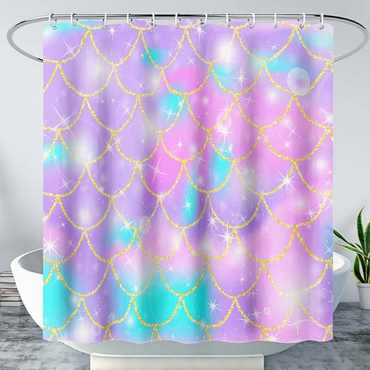 AILONEN Mermaid Scale Shower Curtain,Purple Mermaid Scale Bath Curtain for Girls Bathroom,Polyester Waterproof for Shower with 12 Plastic Hooks 48" W*72" H