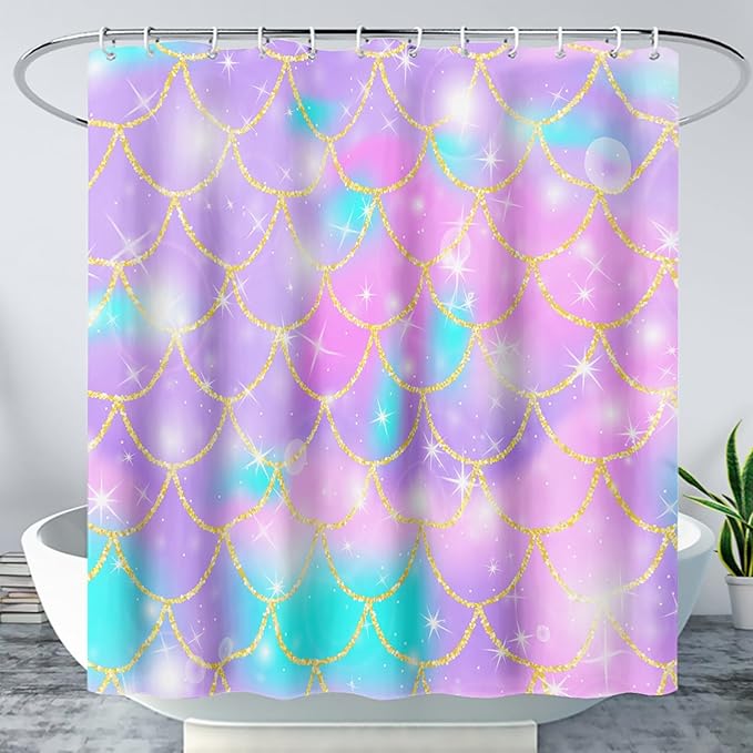 AILONEN Mermaid Scale Shower Curtain,Purple Mermaid Scale Bath Curtain for Girls Bathroom,Polyester Waterproof for Shower with 12 Plastic Hooks 36" W*72" H