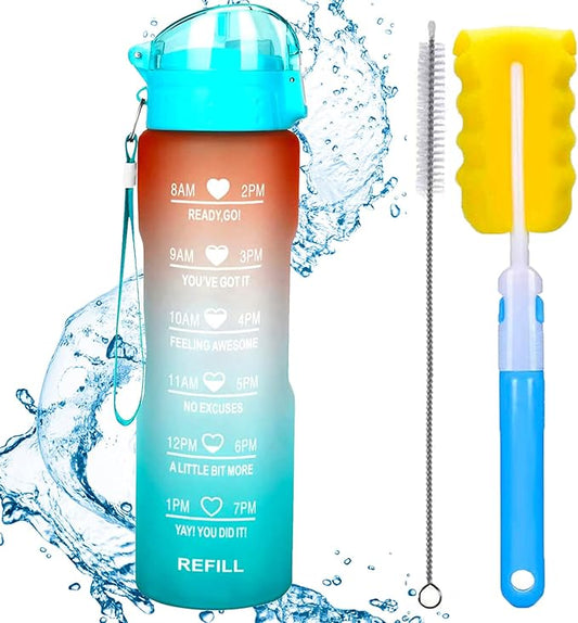 XACIOA Water Bottle with Straw,32oz Plastic Cup with Motivational Time Marker,1L Tritan Sport Lightweight Leakproof BPA-Free,Wide Mouth Fast Flow Ensure You Have Times to Drink,with Straw & Cup Brush