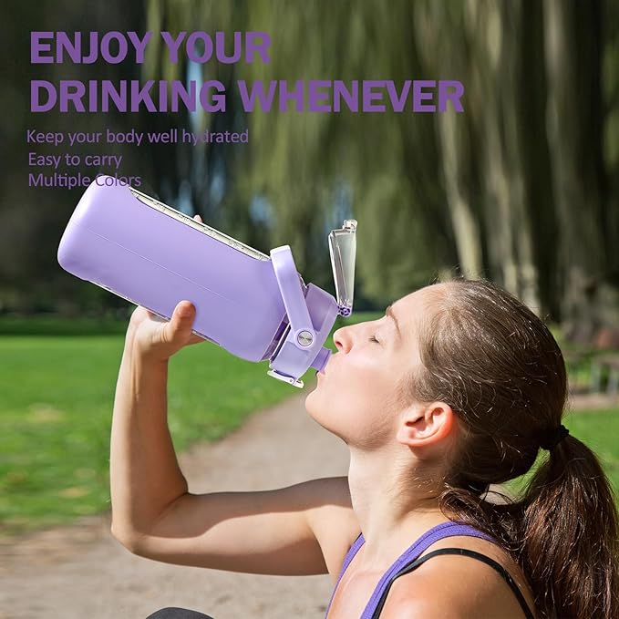 kytffu 56oz Glass Water Bottles with Straw, Motivational Glass Bottle with Silicone Sleeve and Time Marker, Leakproof Large Glass Water Jug for Gym Home Office,Purple