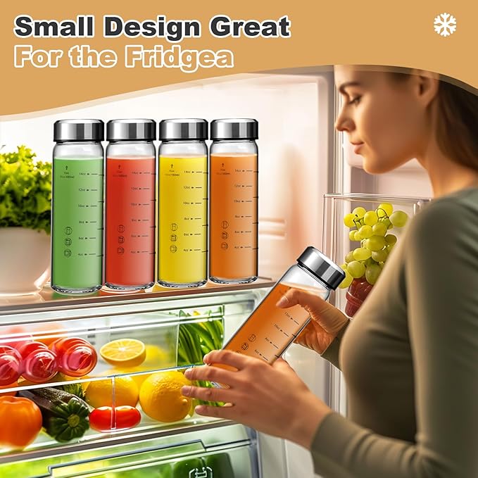 SIEROZUR Juice Bottles - 6 Pack Wide Mouth Glass Bottles with Lids - for Juicing, Smoothies, Infused Water, Beverage Storage - 16oz, BPA Free, Stainless Steel Lids, Leakproof, Reusable, Borosilicate