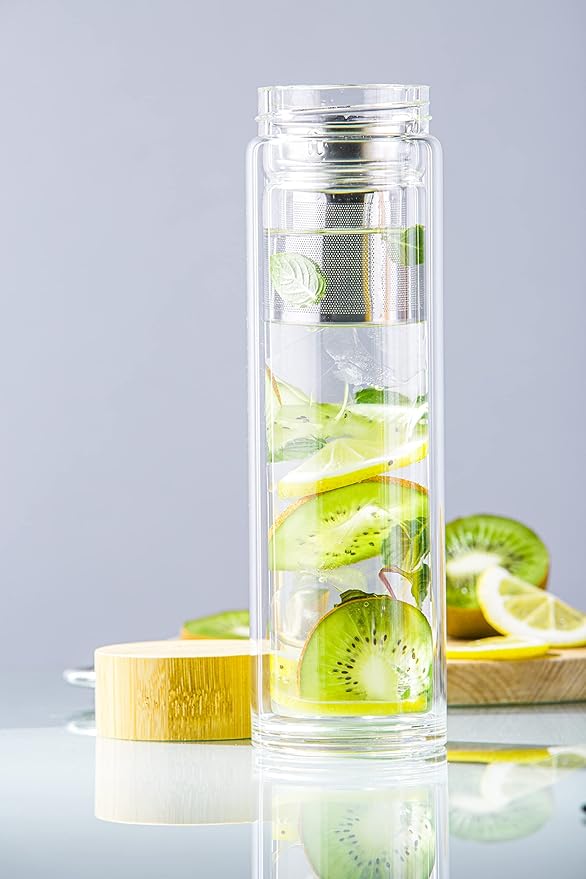 Umami Glass Water Bottle With Tea Infuser And Non Slip Sleeve. Double Wall Borosilicate. Travel Tumbler With Bamboo Lid. 17oz. Design: Torii (Clear Torii)