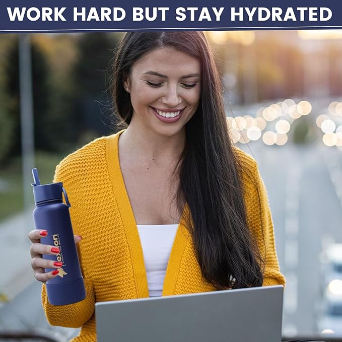 Water Bottle 22oz, Triple Walled Insulated Stainless Steel Reusable Bottle, Silicone Sleeve, Cleaning Brush, 2 Lids (Spout lid & Straw lid w/2 straw), Metal Mug Gallon, BPA Free, Twilight Blue