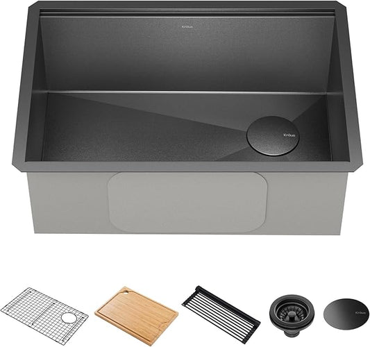KRAUS Kore 27 Inch Undermount Workstation 16 Gauge Stainless Steel Single Bowl Kitchen Sink with Accessories in PVD Gunmetal Finish with Accessories, KWU110-27-PGM