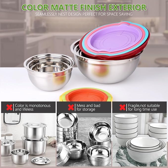 Mixing Bowls with Lids for Kitchen - 26 PCS Stainless Steel Nesting Colorful Mixing Bowls Set for Baking,Mixing,Serving & Prepping,Size 5, 3.7, 2.8, 2.3, 1.7, 1.1, 0.7QT,12 Cooking Utensils