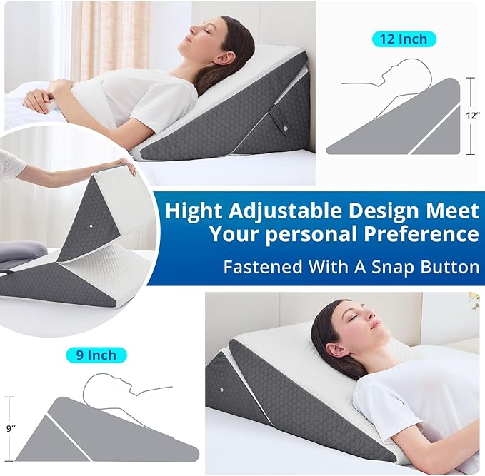 Sasttie Wedge Pillow for Sleep Apnea, 12 Inch Bed Wedge Pillow for Back Pain Relief, Adjustable Memory Foam Pillow Wedges for Sleeping Acid Reflux, Shoulder Pain Relief and Snoring, Dark Grey & White