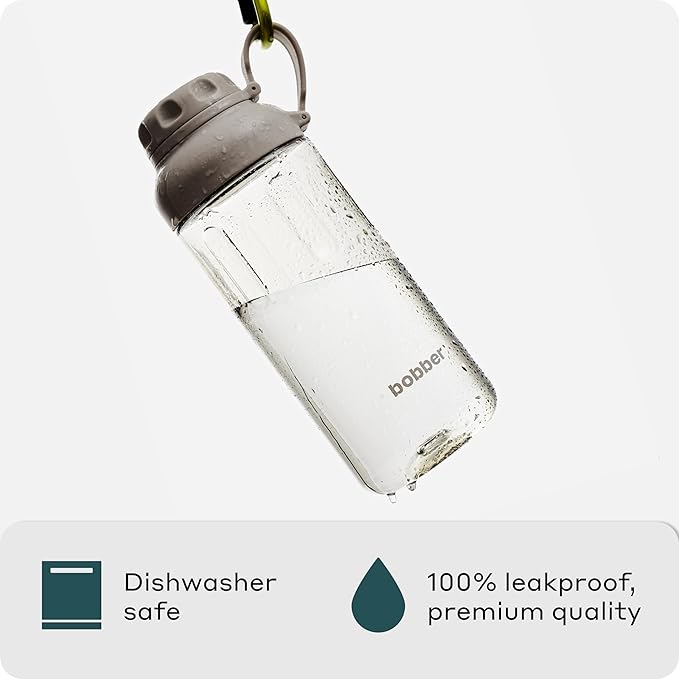 BOBBER 30 oz Clear Tritan Sport Water Bottle with Spout Lid and Handle — Dishwasher Safe, BPA Free & Leak Proof Bottle for Gym, Workout, Running — Water Diffuser Bottle for Fruit With Strainer (Grey)