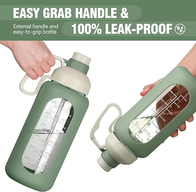 MUKOKO 64oz Glass Water Bottles with Straw, Half Gallon Water Bottle with Time Marker, Motivational Water Bottle with Silicone Sleeves,Large Glass Water Bottle for Gym,Working,Outdoor,Olive