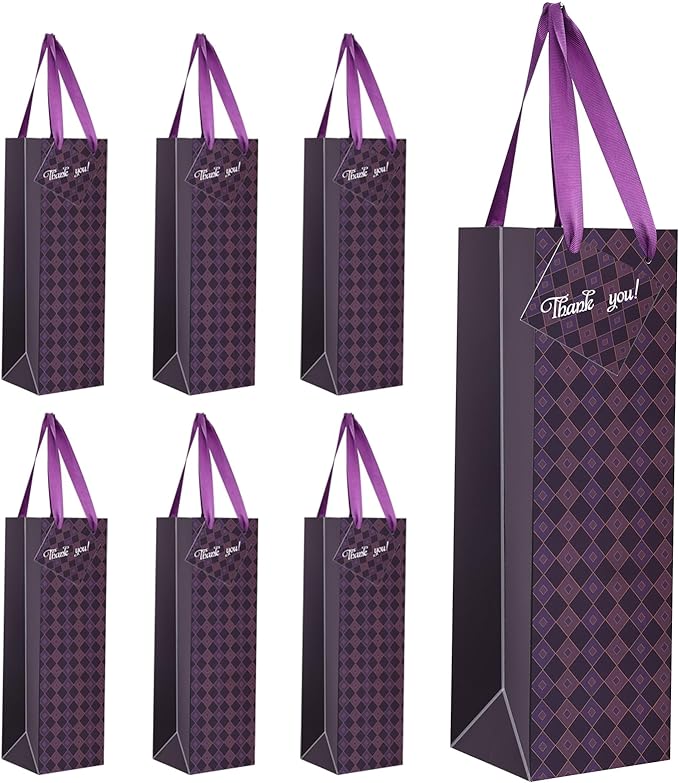 Wine Bags, 6 Packs, Strong Card Paper Wine Gift Bag with Ribbon Handles and Thank You Card, 4-3/8x 4 x 14 Fit 750ml Wine Bottle or Champagnes - Purple 6