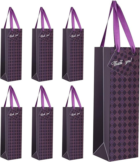 Wine Bags, 6 Packs, Strong Card Paper Wine Gift Bag with Ribbon Handles and Thank You Card, 4-3/8x 4 x 14 Fit 750ml Wine Bottle or Champagnes - Purple 6