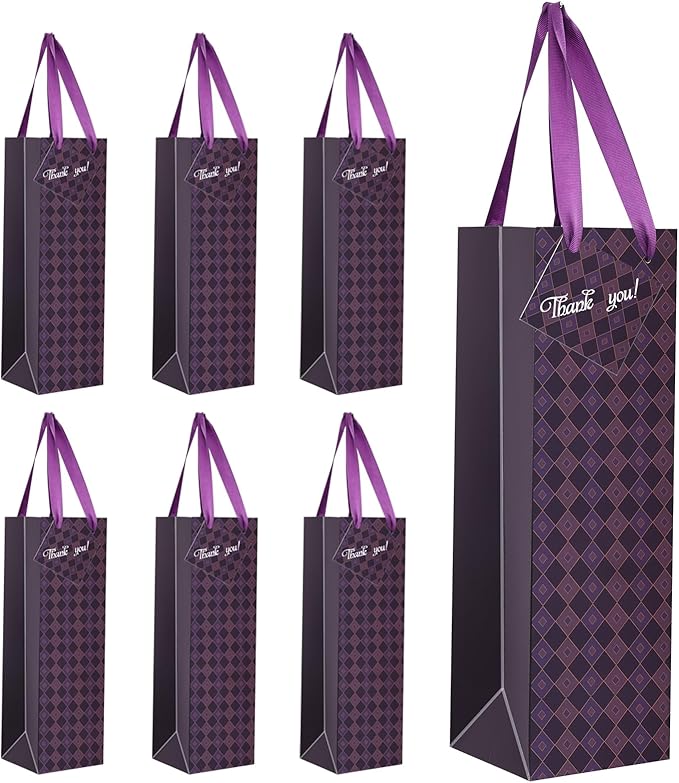 Wine Bags, 6 Packs, Strong Card Paper Wine Gift Bag with Ribbon Handles and Thank You Card, 4-3/8x 4 x 14 Fit 750ml Wine Bottle or Champagnes - Purple 6