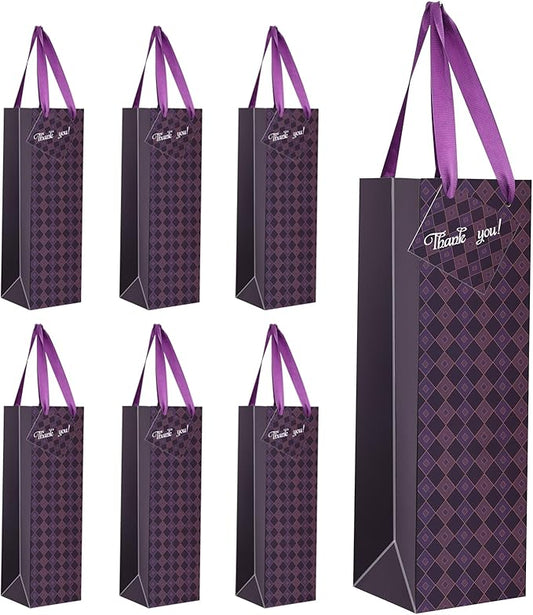 Wine Bags, 6 Packs, Strong Card Paper Wine Gift Bag with Ribbon Handles and Thank You Card, 4-3/8x 4 x 14 Fit 750ml Wine Bottle or Champagnes - Purple 6