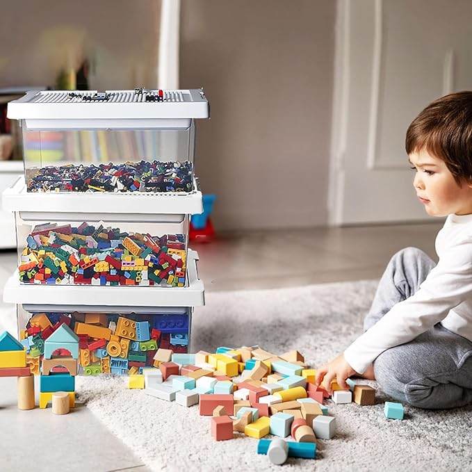 loobuu Plastic Storage Bins with Lids - 3 Set Stackable Arts Crafts Organizer Box with Removable Divided Tray &Compatible Building Baseplate,Toy Chest Containers for Bricks -White