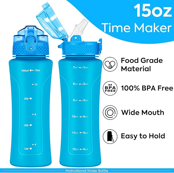 OLDLEY Kids Water Bottle with Straw 15 oz BPA-Free Leak-Proof Motivational Water Bottles with Time Marker for School Sports Travel Gym, Easy to Use for Girls Goys, 1 Straw Lid, Lake