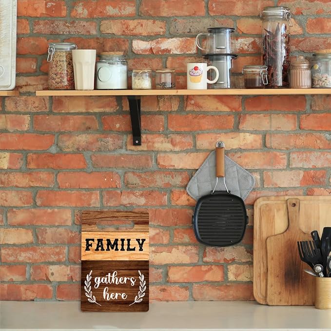 Farmhouse Kitchen Decor, Family Gifts, Kitchen Signs Wall Decor, Kitchen Decorations, Kitchen Door Wall Hanging Decor, Family Gathers Here Wood Sign 8 x 12 Inch
