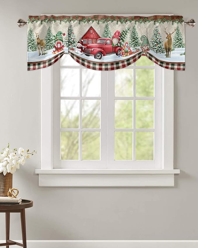 Christmas Farmhouse Blackout Tie Up Valance Curtains for Kitchen Windows Red Truck Gnomes Window Toppers Balloon Shades for Living Room/Bathroom/Bedroom,1 Panel,54" X 18" Winter Holiday Snowman