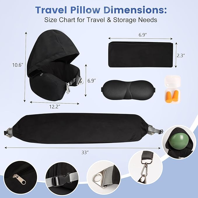 DreamShore Stuffable Neck Pillow for Travel with Hood - Adjustable Velvet Travel Pillow with Earplugs & Eye Mask, Ultimate Carry-On Travel Neck Pillow for Airplane, Travel Pillow for Extra Luggage