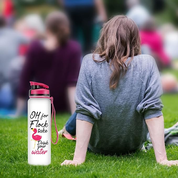 LEADO 32 oz 1 Liter Motivational Tracking Water Bottle with Times to Drink - for Flock Sake Drink Your Water - Funny Mothers Day, Flamingo Birthday Gifts for Women, Friends, Mom, Daughter, Her