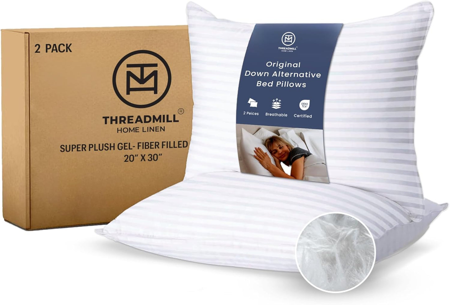 Threadmill Bed Pillows Queen Size Set of 2 | Soft Down Alternative Cooling Bed Pillow for Sleeping | Soft Pillows for Bed | 20x30 Hotel Pillow, Queen Pillows 2 Pack for Back, Stomach or Side Sleepers