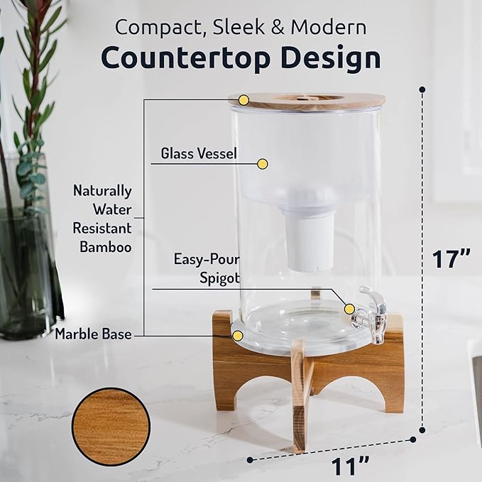 pH Recharge Glass Alkaline Water Filter Dispenser - Countertop Water Filter System - Alkaline Water Purifier Pitcher - High pH Pure Drinking Water Filtration - 8.5L/2.25 Gal (Acacia/Marble)