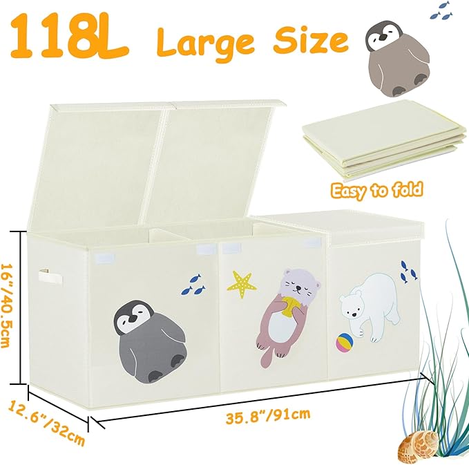Large Toy Box Storage Chest,Sturdy Toys Storage Organizer Bin Basket with Dividers and Lids for Toddlers,Boys,Girls,Nursery,Closet,Living Room Area,Playroom(Beige Animals)