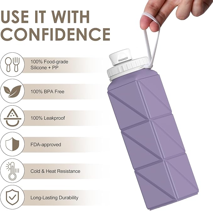 INNERNEED Collapsible Water Bottle, Reuseable BPA Free Silicone Foldable Water Bottles for Travel Gym Camping Hiking, 20.6 fl.oz, Portable, Food-Grade, Leak Proof (1 Pack, Purple)
