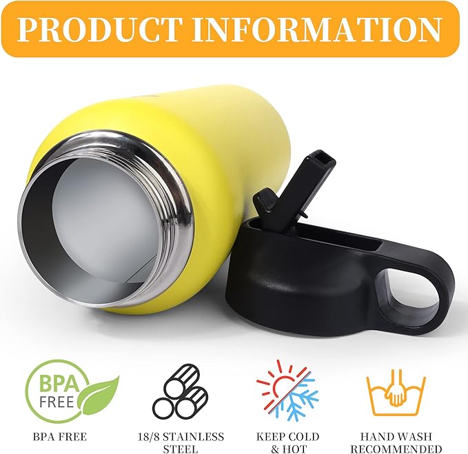 40oz Wide Mouth Softball Water Bottle with Two Lids(Straw, Handle Lid), 18/8 Stainless Steel Vacuum Insulated for Travel & Sport Cup. (Softball Yellow, 40oz)