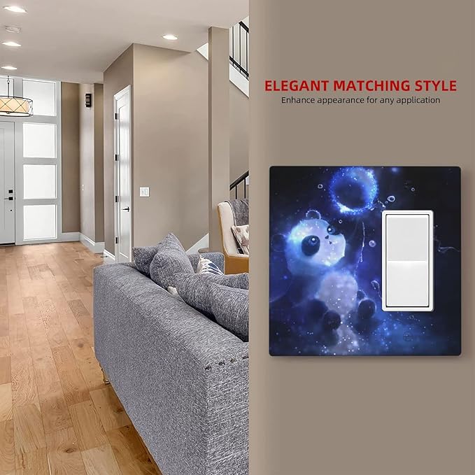 Cute Baby Panda Light Switch Cover Wall Plate Decorative 2 Gang Combination Blank/Rocker Outlet Covers Blue for Farmhouses Kitchens Bathrooms 4.5 x 4.6 in