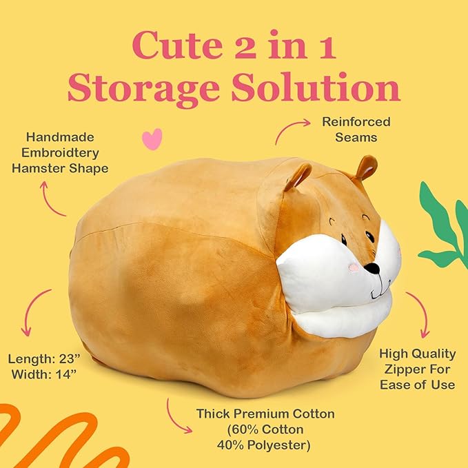 Lilly's Love - Stuffed Animal Bean Bag Storage Chair | Washable, Stuffable Zipper Beanbag Cover for Organizing Kids Plush Toys | for Boys and Girls (Hamster, 23x14)