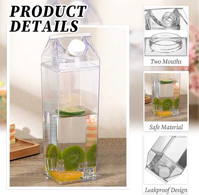 Remerry 9 Pcs 34oz Clear Milk Carton Water Bottle Plastic Clear Milk Carton Cup Square Plastic Cute Milk Carton Container Portable Reusable Milk Bottles Leakproof Juice Bottle for Sports Camping