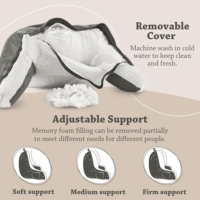 LOVTEX Reading Pillow with Removable Cover, Back Pillow for Sitting Up in Bed with Arms and Pockets, Sherpa Bed Rest Pillow Adult, 20 x 15 Inches(Dark Grey and White)