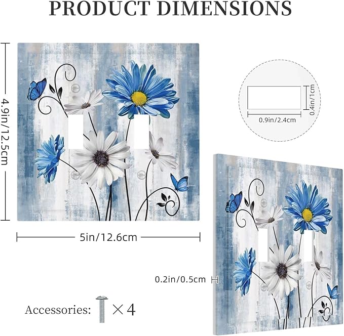 Rustic Teal Blue Daisy Floral Double Toggle Light Switch Covers 2 Gang Wall Plate Dual Decorative Switchplate Electrical Faceplate for Country Bathroom Bedroom Kitchen Decor