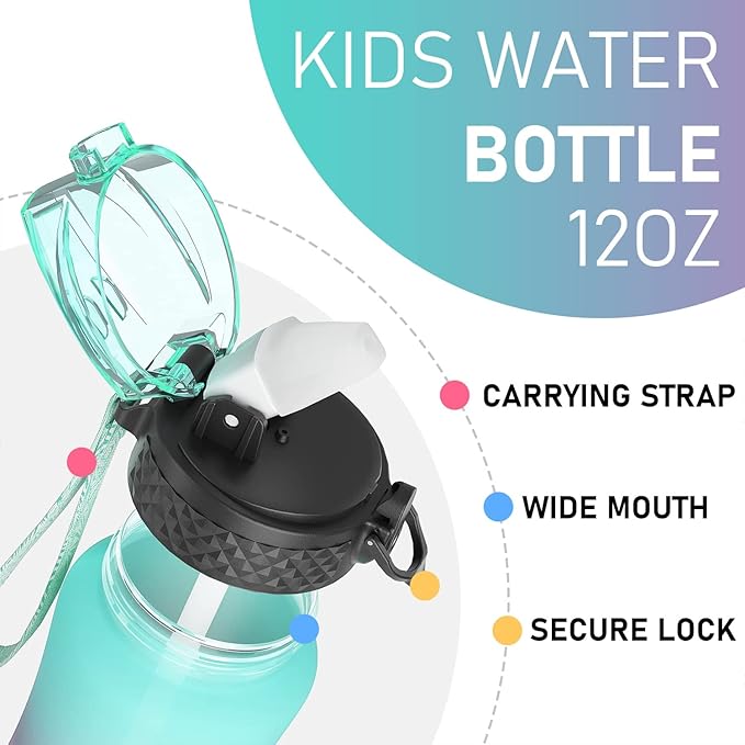 GOPPUS Kids Water Bottle with Straw Spout Lid 10pcs Stickers 12 oz Leak-proof BPA Free Motivational Time Marker Tritan Plastic Water Bottles for Girls Boys School Sports