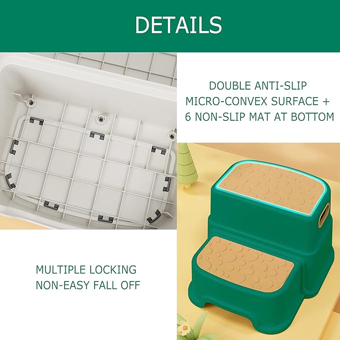 HOMKO 2 Step Stool for Kids Toddler Stool for Potty Training Kids Step Stool for Bathroom Kitchen Sink and Toilet Potty Training Anti-Slip Potty Stools, 3 in 1 Independent Stepping Stool, Green