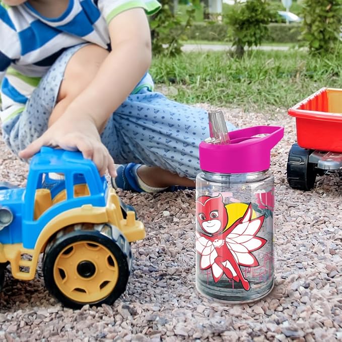LOGOVISION PJ Masks Kids Tritan Plastic Water Bottle with Straw Lid and Handle, Reusable Tumbler for Toddlers, Unisex for Girls and Boys, 12oz, Big Owlette