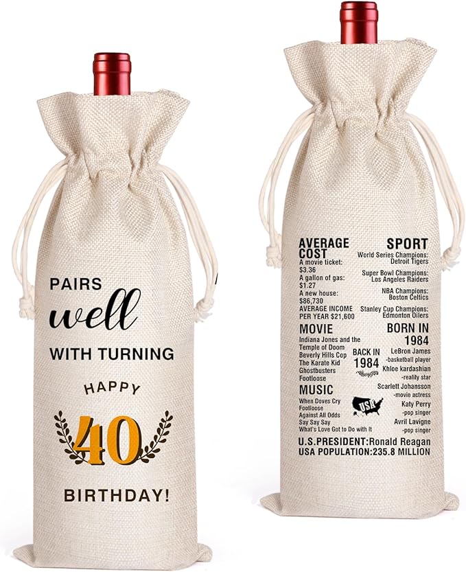 LANBAIHE 40th Birthday Gifts for Her,40th Birthday Gift for Women Men, 40 Years Old Birthday Gifts Wine Bag, 40th Birthday Decorations Party Supplies- 1984 Birthday(40 BIRTHDAY)