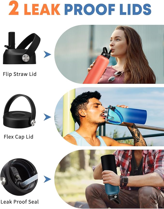 40 oz Stainless Steel Water Bottles Insulated - with Paracord Handle, Straw Lids, Flex Cap, Bottle Carrier & Silicone Boot, Leek Proof Reusable Water Bottle Flask Metal Jug Cold 48 Hrs Hot 24 Hrs